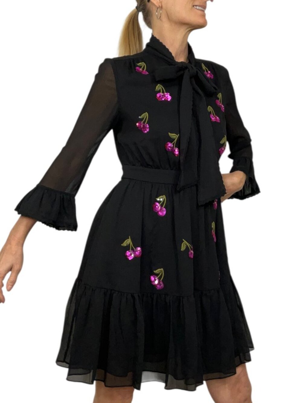 Kate Spade Sequins Cherries Shirtdress 4 Black Mini - Picture 5 of 16